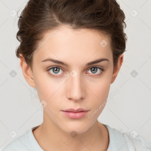 Neutral white young-adult female with short  brown hair and brown eyes