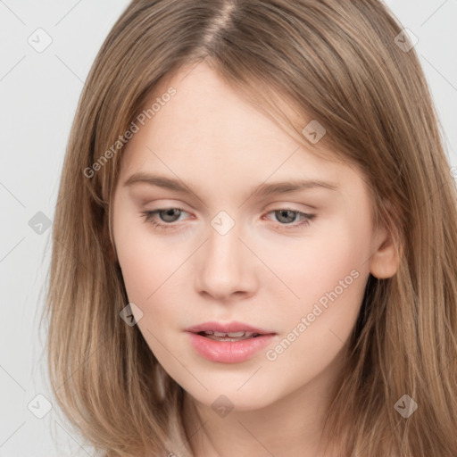 Neutral white young-adult female with long  brown hair and grey eyes