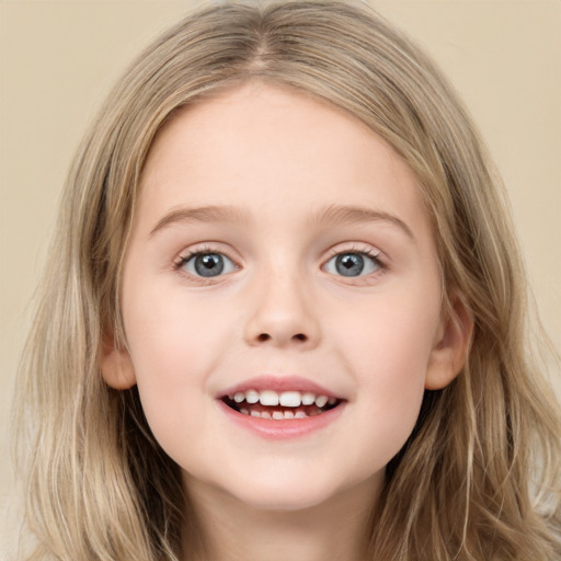 Joyful white child female with long  brown hair and grey eyes