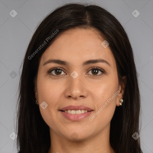 Joyful white young-adult female with long  brown hair and brown eyes