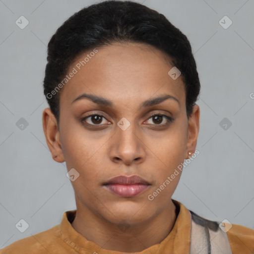 Neutral latino young-adult female with short  black hair and brown eyes