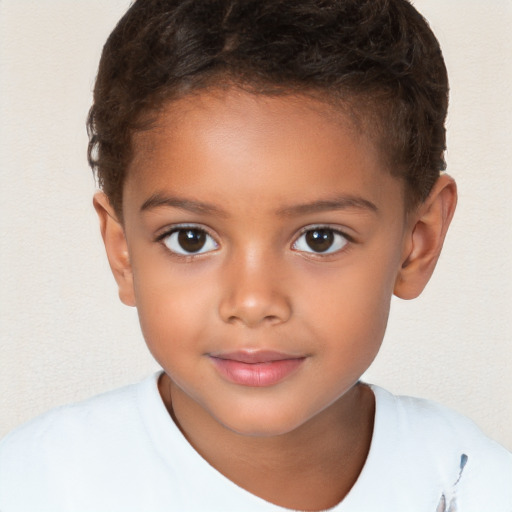 Joyful white child female with short  brown hair and brown eyes