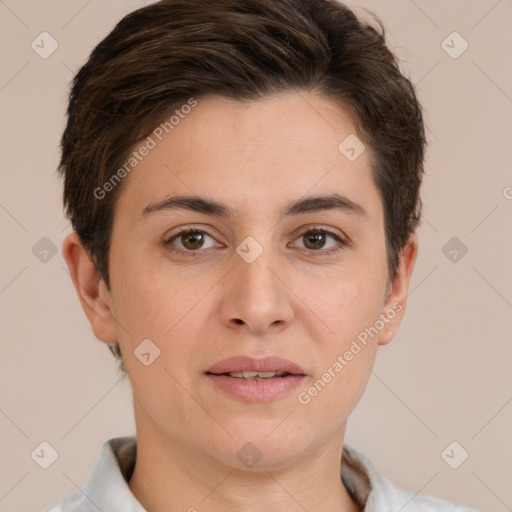 Joyful white young-adult female with short  brown hair and brown eyes