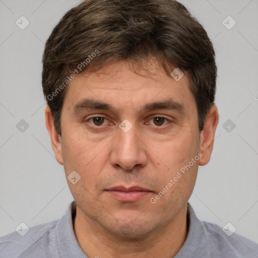 Neutral white adult male with short  brown hair and brown eyes