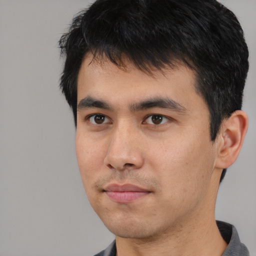 Neutral asian young-adult male with short  black hair and brown eyes