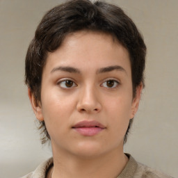 Neutral white young-adult female with short  brown hair and brown eyes