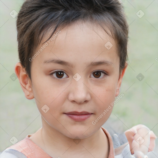 Joyful white child female with short  brown hair and brown eyes