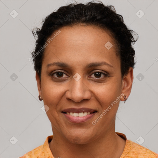 Joyful latino young-adult female with short  brown hair and brown eyes