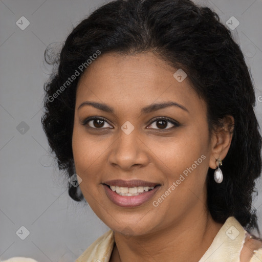 Joyful black young-adult female with medium  brown hair and brown eyes