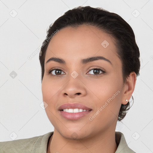 Joyful white young-adult female with short  brown hair and brown eyes