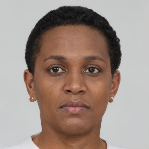 Neutral black young-adult female with short  brown hair and brown eyes