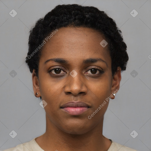 Neutral black young-adult female with short  black hair and brown eyes