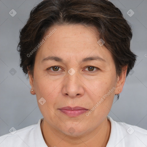 Joyful white adult female with short  brown hair and brown eyes