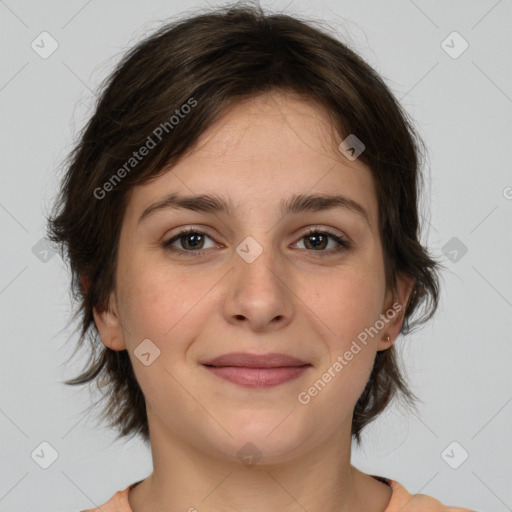 Joyful white young-adult female with medium  brown hair and brown eyes