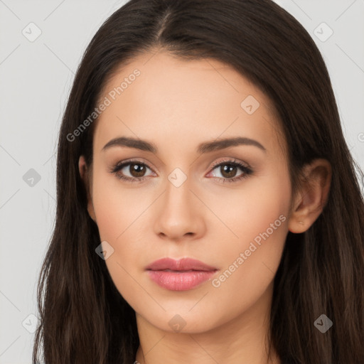 Neutral white young-adult female with long  brown hair and brown eyes