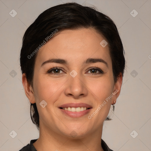 Joyful white young-adult female with medium  brown hair and brown eyes