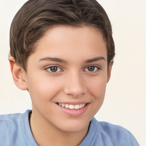 Joyful white child female with short  brown hair and brown eyes