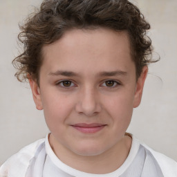 Joyful white child female with short  brown hair and brown eyes