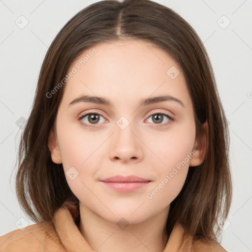 Neutral white young-adult female with medium  brown hair and brown eyes