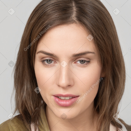 Neutral white young-adult female with medium  brown hair and brown eyes