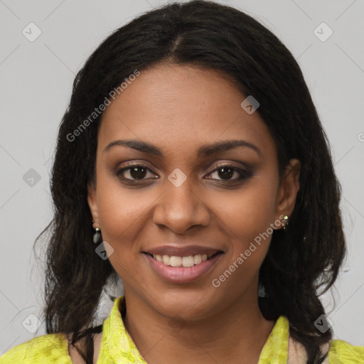 Joyful black young-adult female with medium  brown hair and brown eyes
