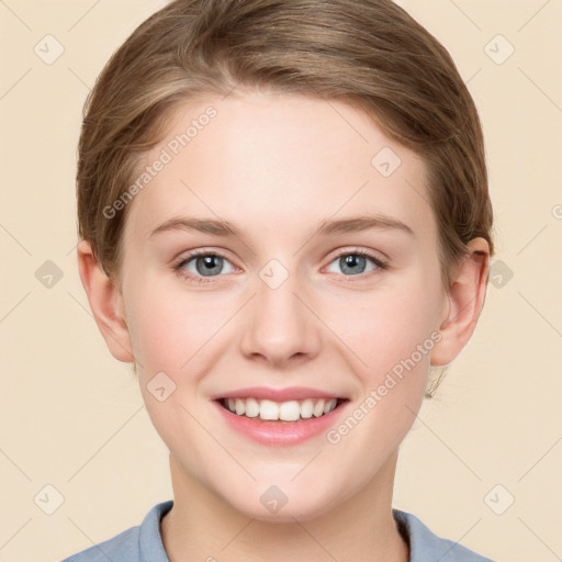 Joyful white young-adult female with short  brown hair and grey eyes