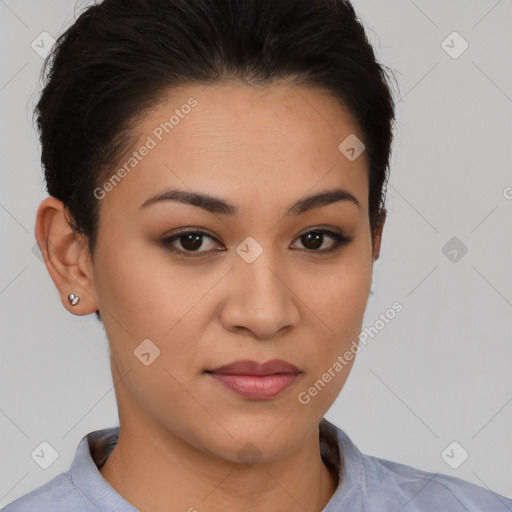 Joyful latino young-adult female with short  brown hair and brown eyes