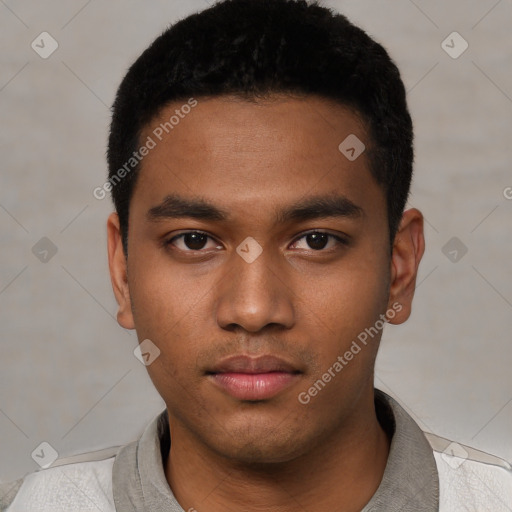 Neutral asian young-adult male with short  black hair and brown eyes