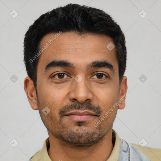 Neutral latino young-adult male with short  black hair and brown eyes