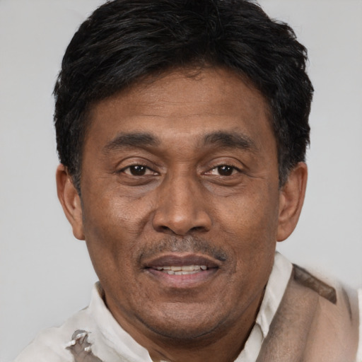 Joyful black adult male with short  brown hair and brown eyes