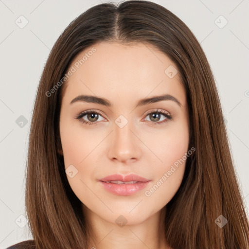 Neutral white young-adult female with long  brown hair and brown eyes