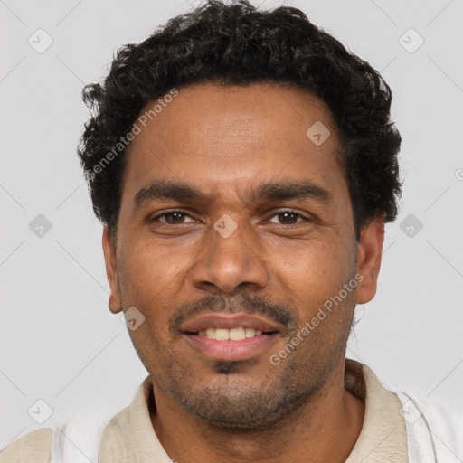 Neutral black adult male with short  black hair and brown eyes