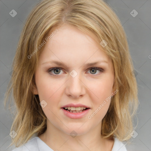 Joyful white young-adult female with medium  brown hair and blue eyes