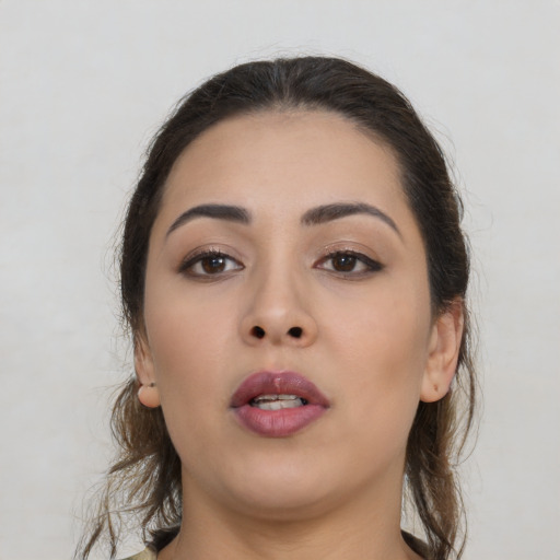 Neutral asian young-adult female with long  brown hair and brown eyes