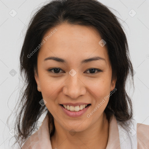 Joyful latino young-adult female with medium  brown hair and brown eyes