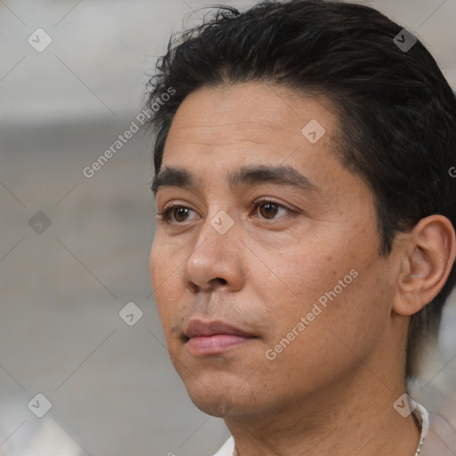 Neutral white adult male with short  black hair and brown eyes