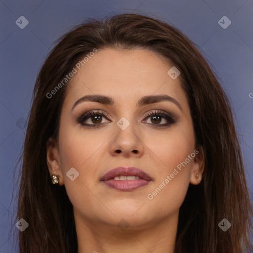 Joyful white young-adult female with long  brown hair and brown eyes