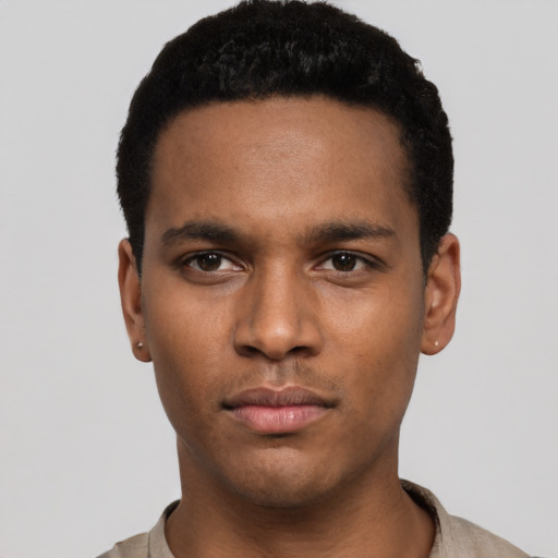 Neutral black young-adult male with short  black hair and brown eyes