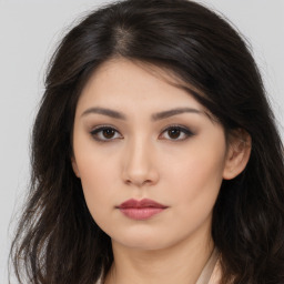 Neutral asian young-adult female with long  brown hair and brown eyes