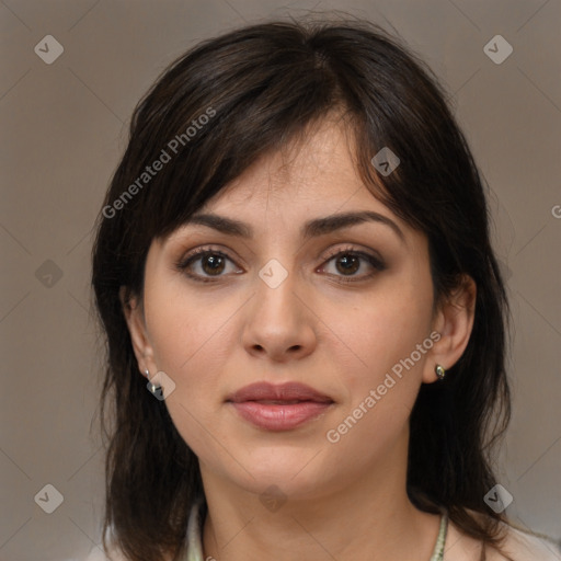 Neutral white young-adult female with medium  brown hair and brown eyes