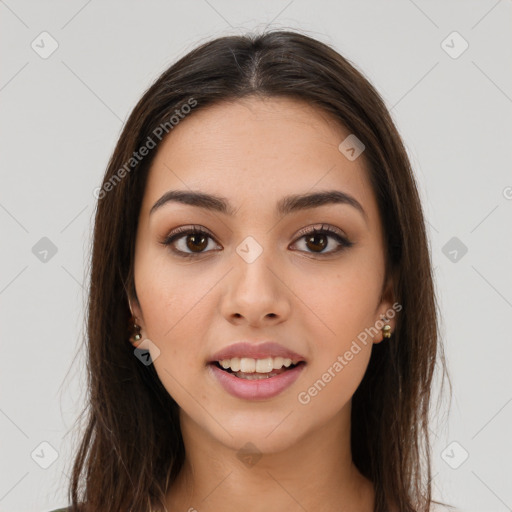 Joyful white young-adult female with long  brown hair and brown eyes