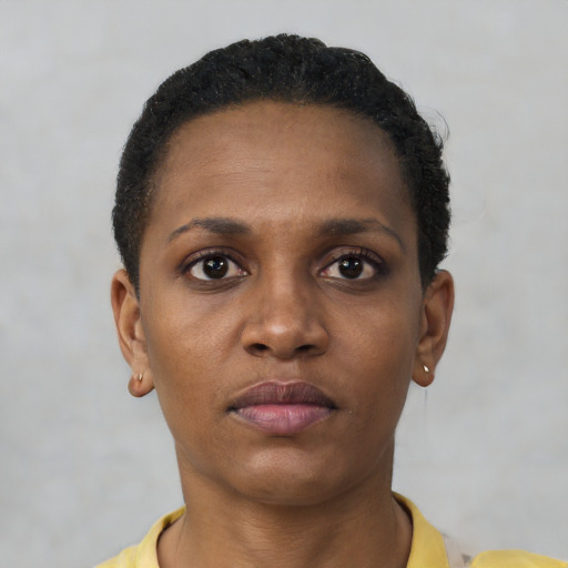 Neutral black young-adult female with short  brown hair and brown eyes