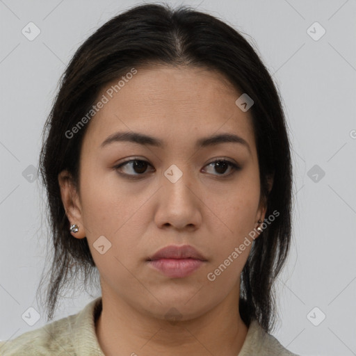 Neutral white young-adult female with long  brown hair and brown eyes