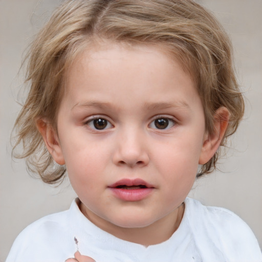 Neutral white child female with medium  brown hair and blue eyes