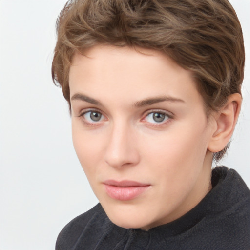 Neutral white young-adult female with short  brown hair and brown eyes