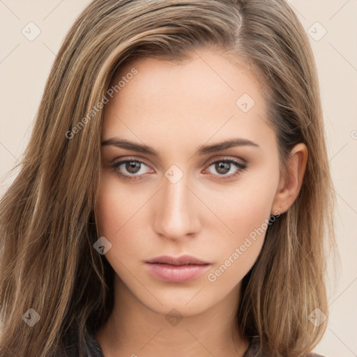 Neutral white young-adult female with long  brown hair and brown eyes