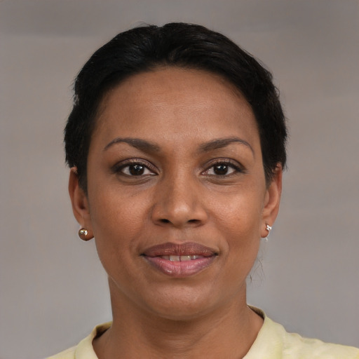 Joyful latino adult female with short  black hair and brown eyes