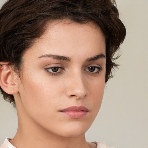 Neutral white young-adult female with short  brown hair and brown eyes