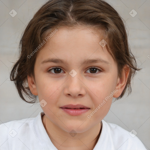 Joyful white child female with medium  brown hair and brown eyes