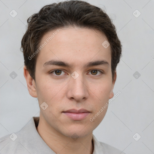 Neutral white young-adult male with short  brown hair and grey eyes